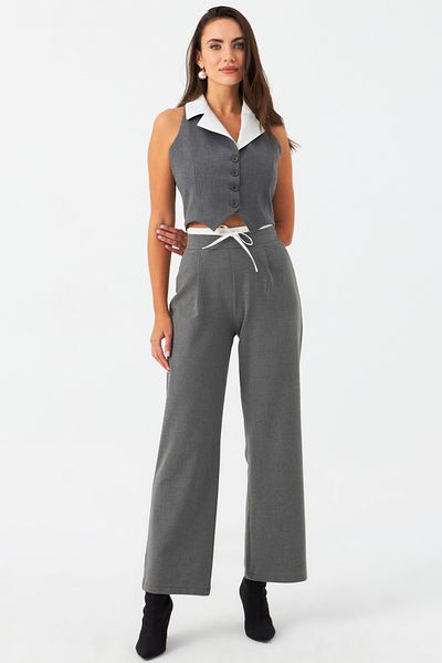 Cool & Sexy Women's Gray Palazzo Trousers - Waist Tie, Ela3972