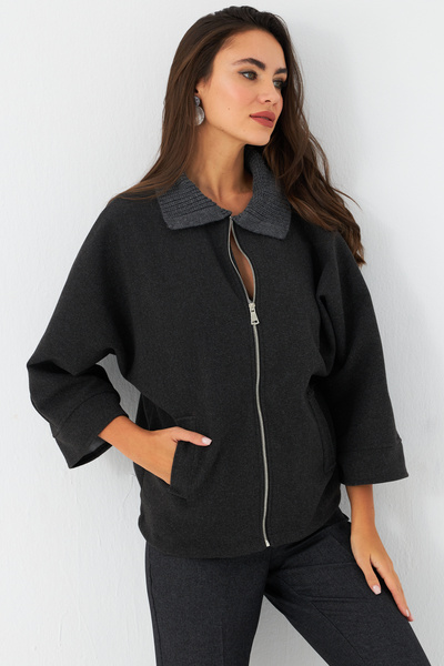 Cool & Sexy Anthracite Stamped Women's Jacket - Knitted Collar, Car1080