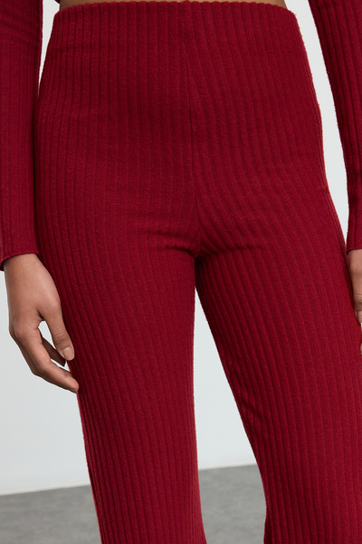 Trendyol Collection Claret Red High Waist Stretchy Corded Knitted Trousers Twoaw25Pl00111