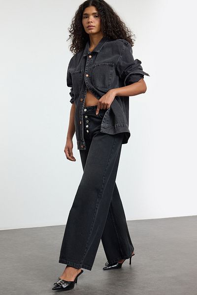 Trendyol Collection Black Front Button Low Waist Wide Leg Jeans Twoss25Je00004