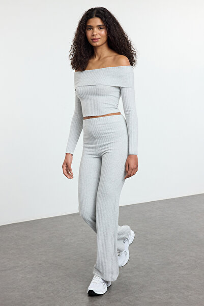 Trendyol Collection Šedé pletené kalhoty se šňůrou s vysokým pasem – Twoaw25Pl00111