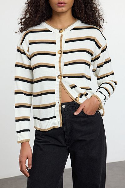 Edit by Trendyol Ecru Crew Neck Knitwear Cardigan - Color Block, Tedaw25Hi00022