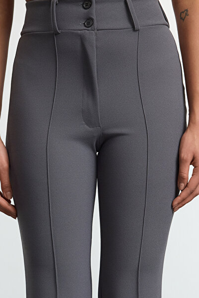 Trendyol Collection High Waist Flare Anthracite Trousers - Ribbed Detail, Spanish Leg Twoaw25Pl00071