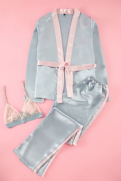 Edit by Trendyol Grey 3-Pack Satin Woven Pajamas Set with Belted Bralet and Stripe Detail Tedaw25Pt00020