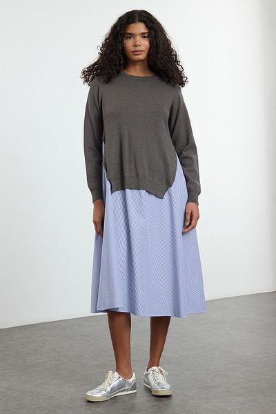 Trendyol Collection Anthracite Stripe Midi Dress with Knitwear Garnish - Straight Cut Twoaw25El00359