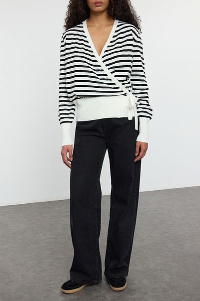 Edit by Trendyol Ecru Striped Double Breasted Lapel Lacing Detail Knitwear Cardigan Tedaw25Hi00029