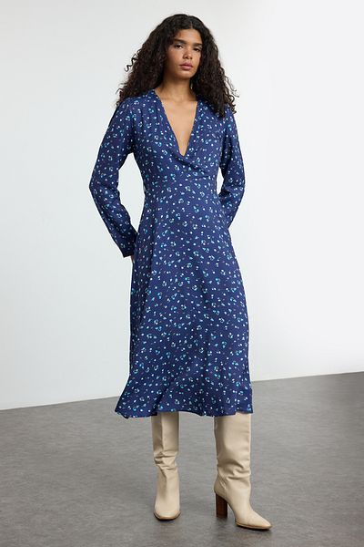Trendyol Collection Rochie midi albastră în linie A - țesută, TWOAW25EL00277