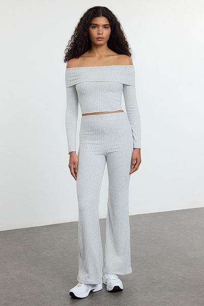 Trendyol Collection High Waist Stretch Corded Gray Knitted Trousers - Twoaw25Pl00111
