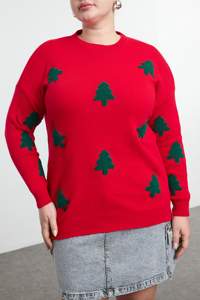 Trendyol Curve Red Embroidered New Year's Themed Knitwear Sweater Tbbaw25An00064