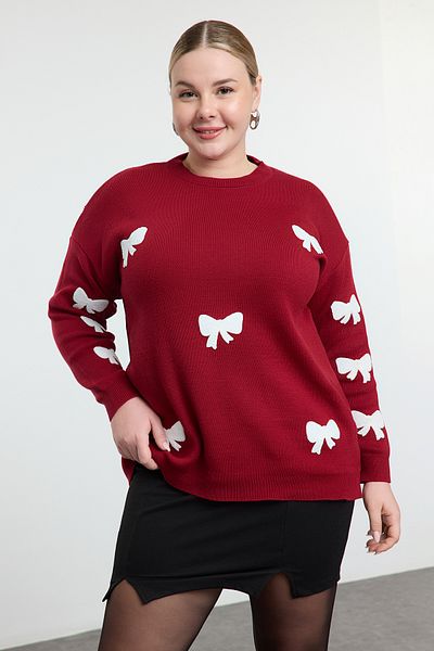 Trendyol Curve Burgundy Ribbon/Bow Embroidered Knitwear Sweater Tbbaw25An00064