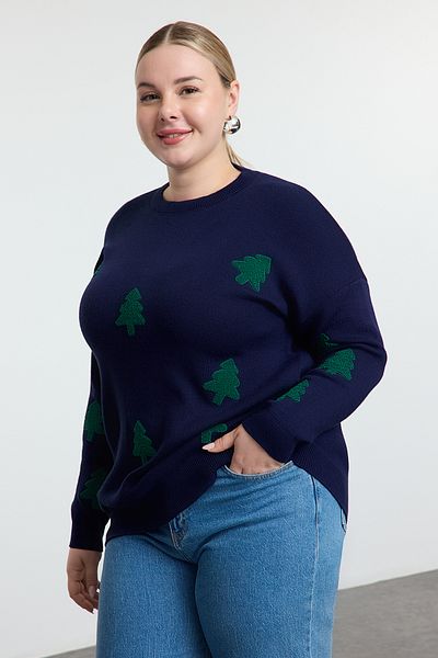 Trendyol Curve Navy Blue Embroidered New Year's Themed Knitwear Sweater Tbbaw25An00064