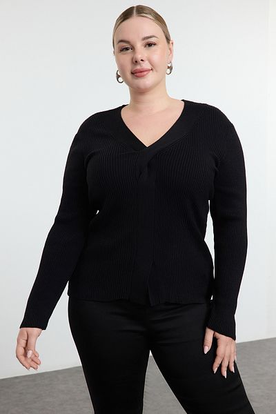 Trendyol Curve V-Neck Black Knitwear Sweater - Front Knot Detail Tbbaw24An00101
