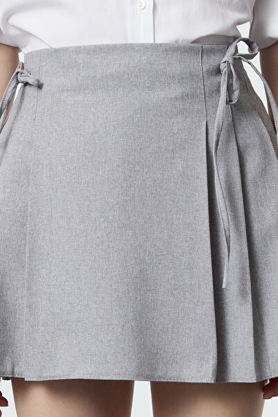 Trendyol Collection Mini Length Woven Skirt with Grey Pleat and Ribbon Detail Tedaw25Et00012