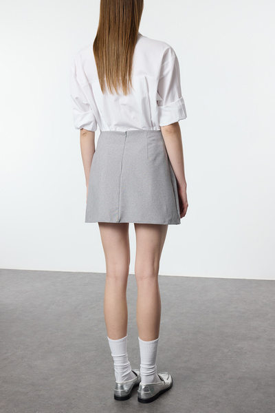 Trendyol Collection Mini Length Woven Skirt with Grey Pleat and Ribbon Detail Tedaw25Et00012