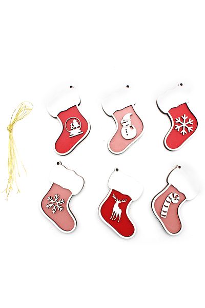 Lora Wedding 6 Pieces 7cm Red - Pink Colored Socks Look Wooden Christmas Tree Ornament