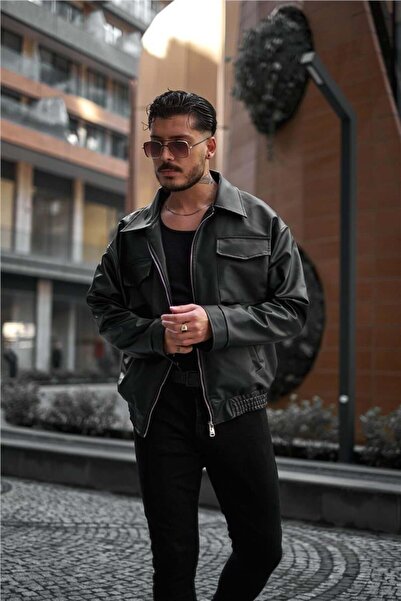 OUTFİT MAN Erkek Çift Kapak Cepli Oversize Deri Ceket Siyah