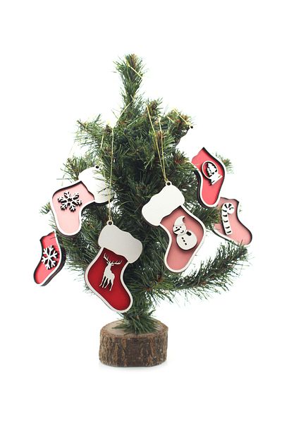 Lora Wedding 6 Pieces 7cm Red - Pink Colored Socks Look Wooden Christmas Tree Ornament