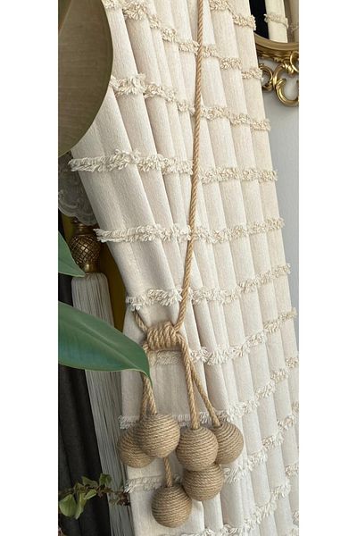 CEMRE Dream Background Tasseled Cream 1St Quality Original Cotton Linen 1/3 Tight Pleat (Single Wing)