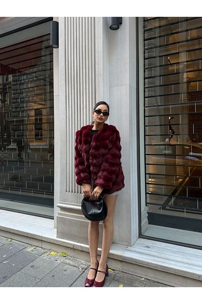 manana fashion Palton lung de blană de calitate premium burgundy