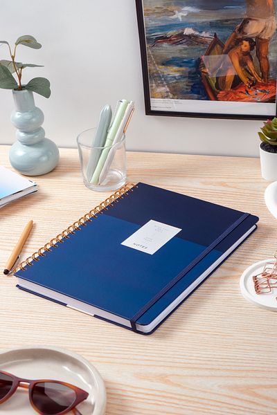 PAPERORA 20X28 Spiral Hard Cover Elastic Checkered Notepad Navy Blue