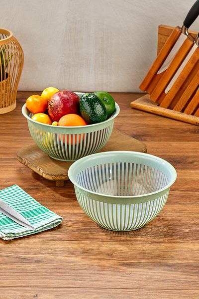Milenay 3.6Lt Large Size Set of Two - Striped Modern Design Fruit, Vegetable and Salad Bowl