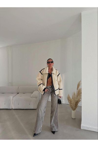 Le'amore Women's Fur Leather Detailed Oversize Coat