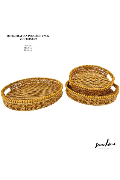 Amentes BONCUKLU TEPSİ Rattan Hasır Ahşap Kulplu Yuvarlak 3 lü Tepsi, Rattan Sunum Tepsisi Yuvarlak