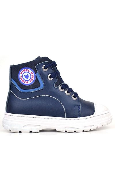Shoes Center Γνήσιο δέρμα Pixel Dark Navy Blue Lace Up Παιδικές μπότες με φερμουάρ