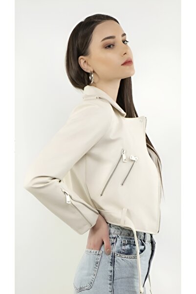 X-BI COLLECTİON BEYAZ Suni Deri Ceket