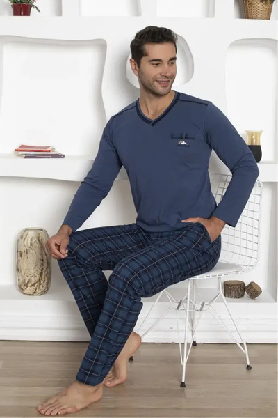 Farya Home Dreamy Ekoseli Uzun Kollu V Yaka Cepli Erkek Pijama Takımı - Lacivert