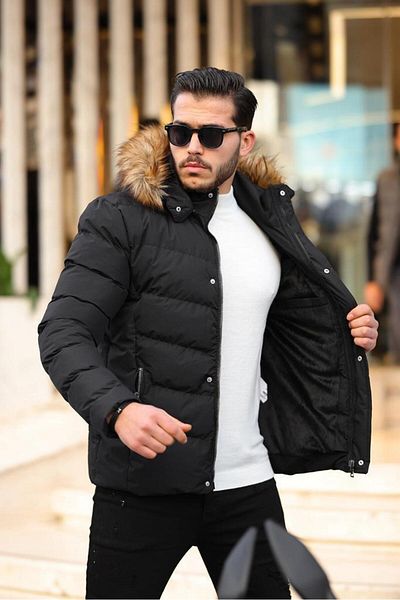 Mero Life Ανδρικό φουσκωτό παλτό με μαύρη κουκούλα, αδιάβροχο και αντιανεμικό