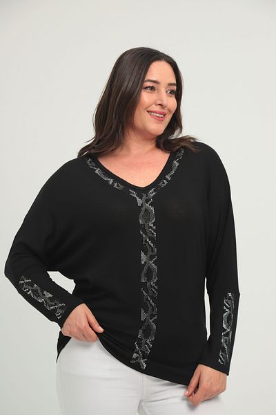 Şans Women's Plus Size Black Bat Sleeve Stone Detail V Neck Blouse 65N38669