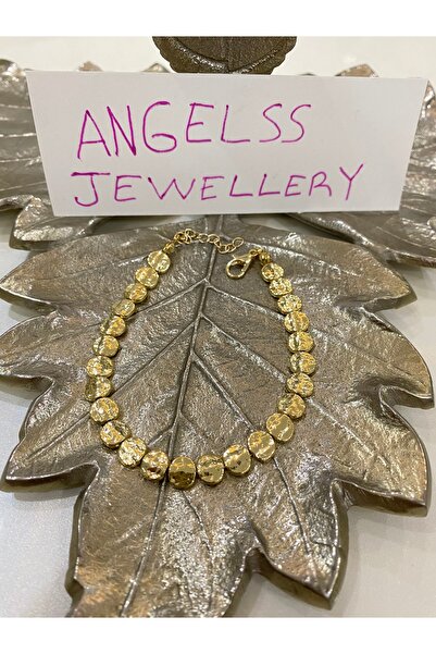 ANGELSS JEWELLERY Gold Ezme Yuvarlak Plaka Bileklik (Yassı Çakıl Taşı Ezme Go...