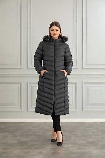 Space Fashion Palton de damă afumat - puf lung, hanorac și blană