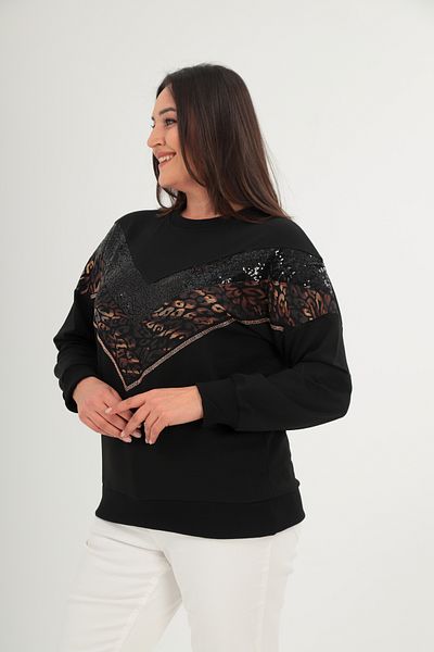 Şans Plus Size Black Sequin Sequined and Stonework Leopard Print V Block Sweatshirt - 65N38659