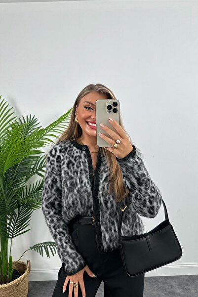 Jose Clothing Jachetă de tricotaj cu mânecă lungă cu efect de lână cu imprimeu leopard selectiv