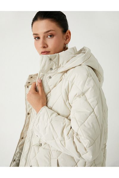 Koton Quilted Hooded Coat Hip Length Pocket Zippered Elastic Waist