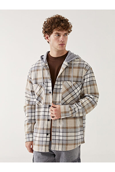 LC Waikiki Jachetă cămașă pentru bărbați, în carouri, cu mâneci lungi, gri, c...