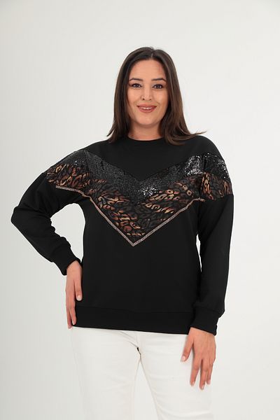 Şans Plus Size Black Sequin Sequined and Stonework Leopard Print V Block Sweatshirt - 65N38659
