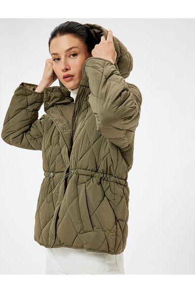 Koton Quilted Hooded Coat Hip Length Pocket Zippered Elastic Waist