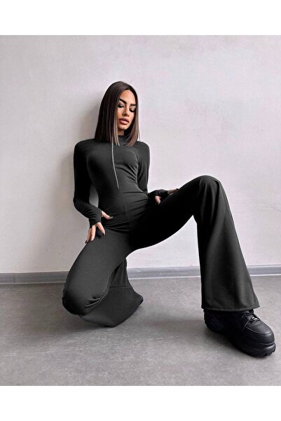 Last Point Γυναικεία φόρμα μάξι με φερμουάρ, από ύφασμα σκούμπα με λάκαρια, με λεπτομέρειες από φερμουάρ