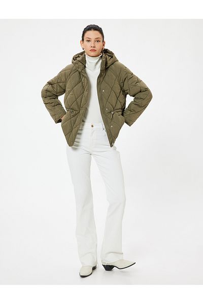 Koton Quilted Hooded Coat Hip Length Pocket Zippered Elastic Waist