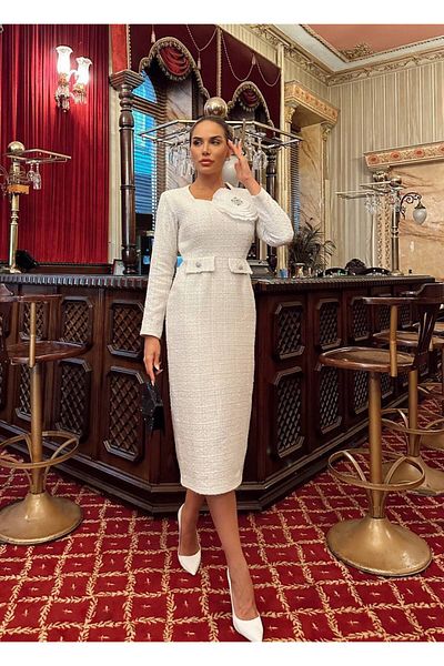 asyadabutik Rochie de damă Chanel Fabric cu design special, lungime midi, cu detalii de trandafir și perle