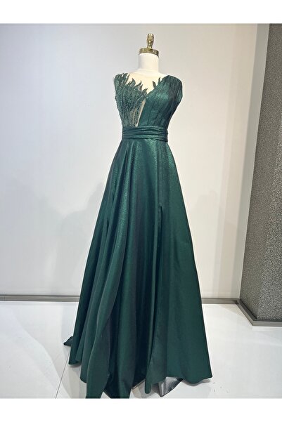 MODA TRANSPARAN OMUZ DETAYLI ZÜMRÜT YEŞİLİ ABİYE