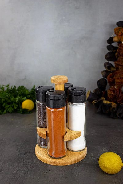 woodsy 4-Piece Spice Rack Set with Rotating Wooden Stand, Round 4-Piece Spice Rack Set with Wooden Stand