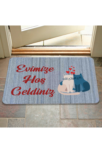 M&H Quality Dijital Baskılı kapı önü paspas Hoşgeldiniz Yazılı Çiçek Desen ve kedi Iç ve Dış Kapı Yıkanabilir