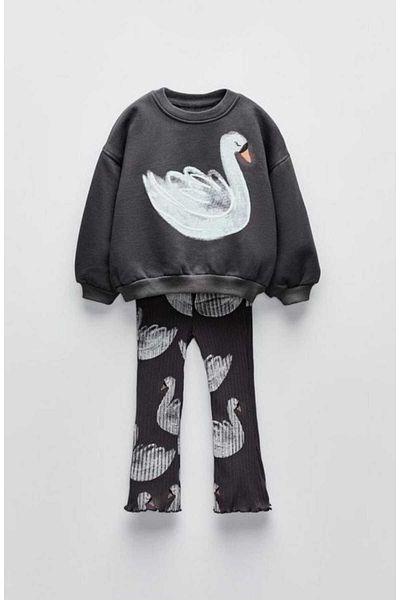 GÖKJOY BUTİK Premium Quality Cotton Fabric Girl Swan Printed Tights Set