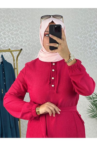 WAPP Women's Red Karin Fabric Lycra Front Button Tassel Lace Sash Hijab Dress
