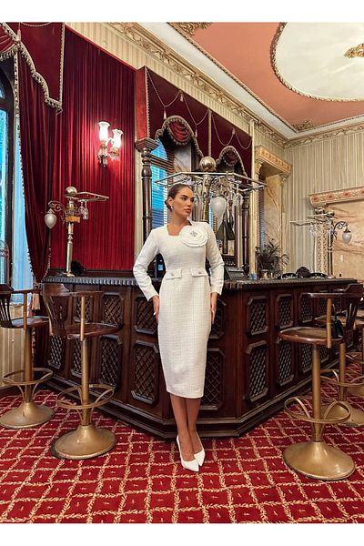 asyadabutik Rochie de damă Chanel Fabric cu design special, lungime midi, cu detalii de trandafir și perle