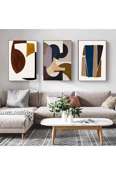Linacci Triple Black Metal Frame Brown Abstract Glass Painting Set